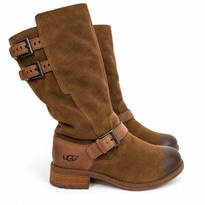 UGG Australia Everglade Tall Boots Womens 7 Brown Distressed Suede Moto Riding